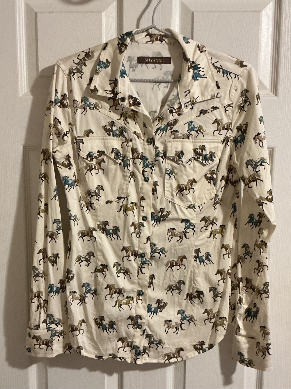 Shyanne Cream Button-Down Shirt with Horse Print